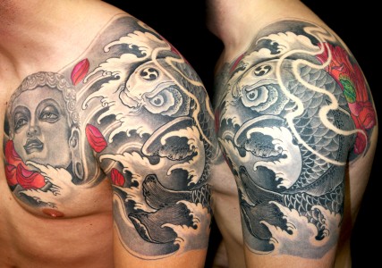 Tattoo Arm Brust Koi Buddha